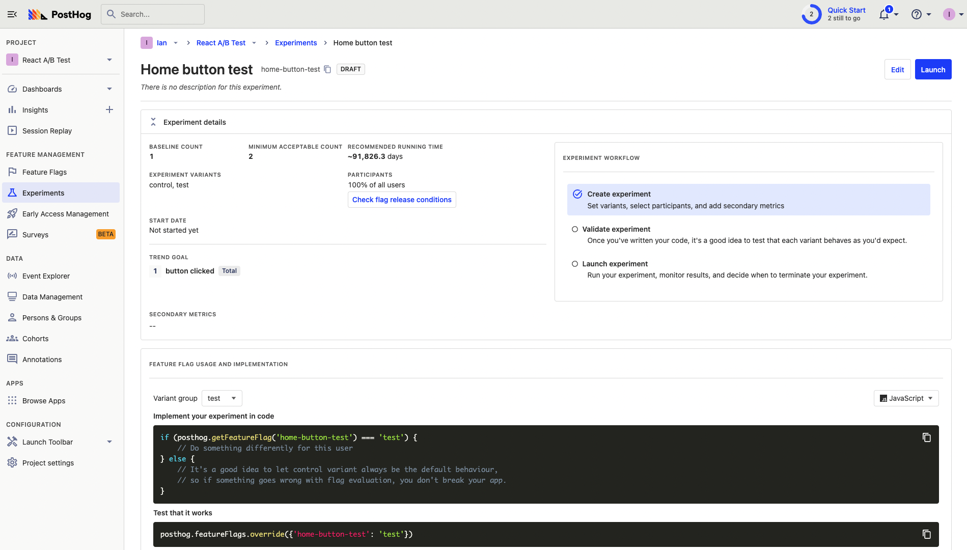 A/B test set up